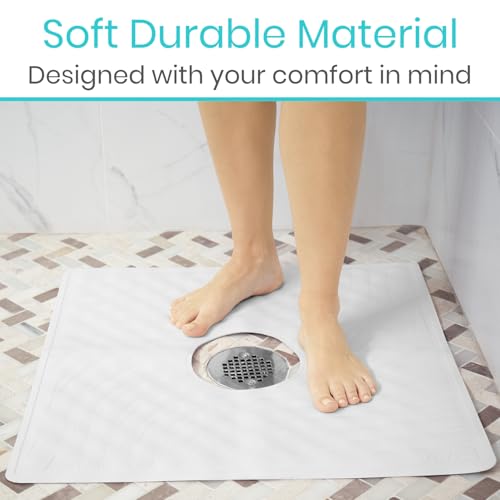 Vive Shower Mat - 22" by 22" Square Non Slip Large Bath Mat for Bathtub - Patented Design - Suction Cup Traction Skid Pad for Stalls Floors Tub - Textured Rubber with Drain Hole - color: Pearl White