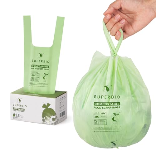 SUPERBIO 1.6 Gallon Compostable Food Scrap Bags For Counter Top Bin | Handle Tie, 50 Count, 6 Liter, BPI & OK compost HOME Certified - color: 1.6 Gallon Handle Tie, 50 Count