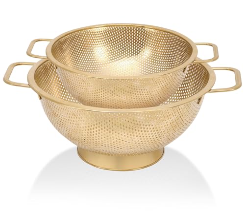 2PCS Gold Strainer for Kitchen, 3QT and 5QT, Stainless Steel Colander with Handle for Fruits Vegetables Cooking Food, Dishwasher Safe - size: 3QT+5QT