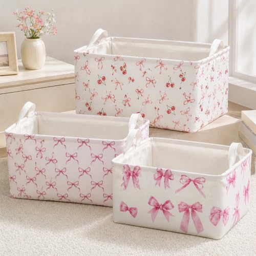 3 Pcs Pink Bow Storage Basket, Coquette Girls Rectangle Storage Bins Box with Handles, Bows and Chery Shelf Basket Ideal for Room Nursery Decor, Books, Organizing Clothes, Toys - color: Bow