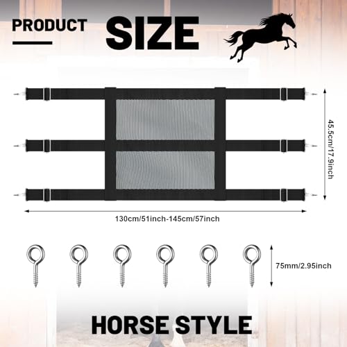 Stall Guards for Horses 57 x 18 Inch Adjustable Nylon Mesh Gate with 6 Snap Hooks and Screw Eye Hardware Black Barn Door Barrier for Stable Entry Portable Equine Stall Opening Access Divider