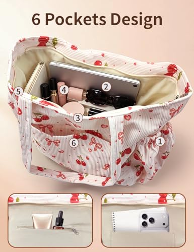 Corduroy Tote Bag for Women, Cute Floral Tote Bag with Zipper, Large Shoulder Handbag with Multi-Pockets for Work Travel Gym - color: Cherry