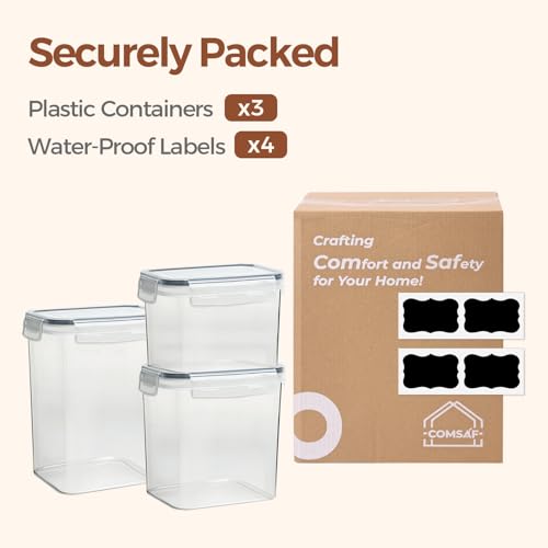 ComSaf Airtight Food Storage Containers with Lids 0.8/1.5/2.1Qt 3Pack | Plastic Canister, Flour Sugar Cereal Pasta Rice Oats Coffee Snacks, Pantry Kitchen, Label, Scoop, Stackable, BPA-free, Clear - size: 2.1Qt/1.5Qt/0.8Qt-Rectangle