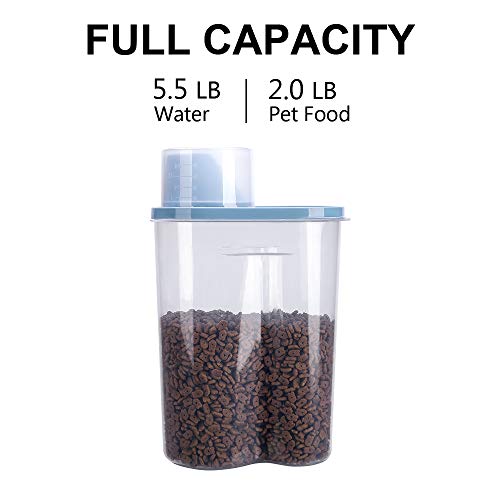 2 Pack 2lb/2.5L Pet Food Storage Container with Measuring Cup, Can Covers and Bowl for Small Dog, Cat, Waterproof-BPA Free - color: Blue 2.5L
