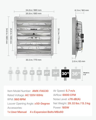 VEVOR 30 Inch Shutter Exhaust Fan Wall Mounted Automatic Louvers Silver, Sturdy Steel Housing, Low Noise, AC Motor, 8099 CFM Ventilation and Cooling for Attic, Garage, Barn, Greenhouse, Workshop - size: 30 Inch