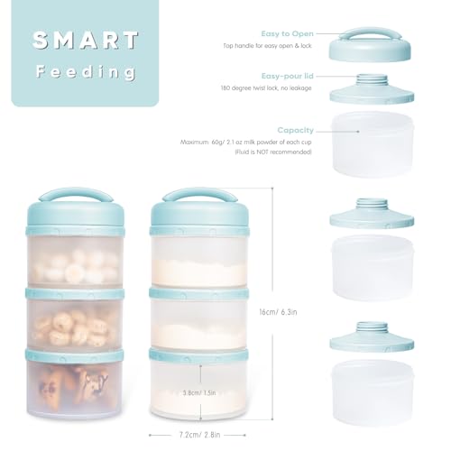 Termichy Stackable Formula Dispenser Portable: Milk Powder Container to go | Separated Compartments Premeasure Storage - Mess-Free Funnel Spout for No-Spill Pouring - for Home or Travel Use - color: Light Blue