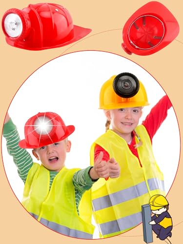 2 Pack Kids Construction Hat Miner Costume Helmet with Light for Boys Girls Dress Up Halloween Party Supplies - color: Red,yellow