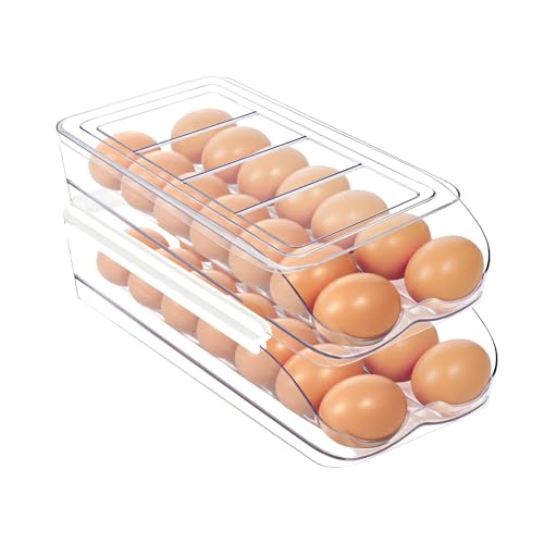 MesRosa Egg Holder for Fridge, Automatic Rolling Egg Organizer -2 Layer | Stackable Clear Egg Container & Tray for Refrigerator, Durable Dispenser and Storage with Sturdy Lid to Saving Space - size: 2 Layer Holder 28 Eggs