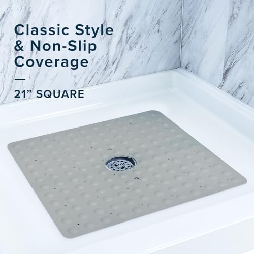 SlipX Solutions 21"x21" Mildew Resistant Non Slip Shower Stall Mat, Tan | Soft Durable Rubber Underfoot, Product Protection, 140 Power Grip Suction Cups, Center Drain Hole - color: Tan