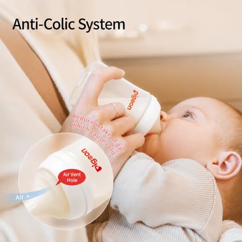 Pigeon PP Wide Neck Anti-Colic Nursing Bottle, 8.1 oz, 4-Pack | Includes 4 M Nipples (3m+): Equipped with 4 natural-feel, medium-flow nipples; features a streamlined body for easy cleaning. - color: 8.1Oz, 4 packs