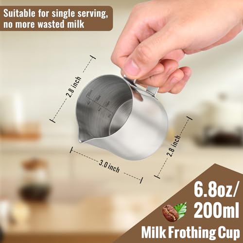 HULISEN Milk Frothing Pitcher, 6.8oz/200ml Stainless Steel Frother Cup | Small Steaming Pitcher for Espresso Machine, Latte Art Pour Cup, Measurement Markings, Dishwasher Safe - size: 6.8oz/200ml Silver