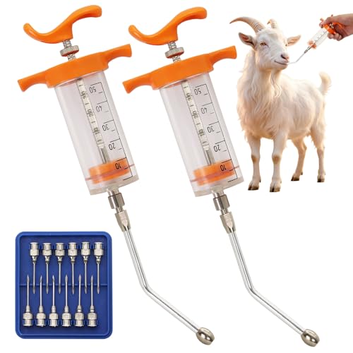 2 Pcs Goat Syringe Reusable Adjustable Goat Drench Syringe with 2 Drench Nozzle and Needles, Feeding Supplies for Cattle, Sheep, Goats, Horse, Pig, Dog (Orange, 50ML) - color: Orange, size: 50ML