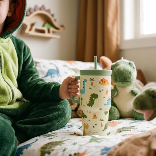 SANDJEST Dinosaur Stainless Steel Tumbler 20oz with Handle and Silicone Straw Locking Lid for Kids Boys, Birthday Christmas Back to School - color: Dinosaur