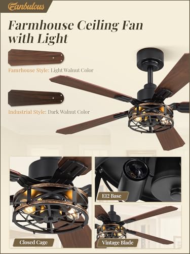 Fanbulous 42 Inch Farmhouse Rustic Caged Ceiling Fan with Lights, 2 Pack | Double-sided Color Blades , APP/Remote Control ,6-speed Wind & Reversible Function, Quiet, Timer, Black - color: Black