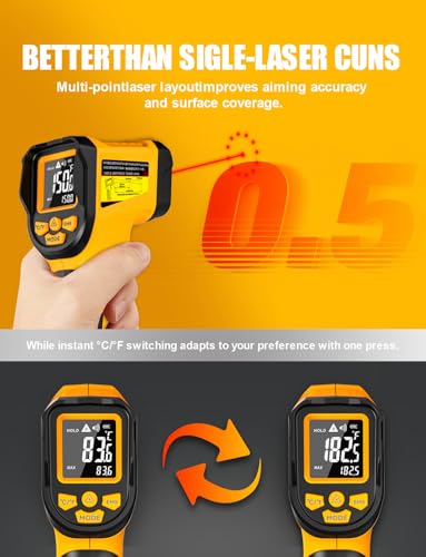 JD-10 Infrared Thermometer Gun, -58°F to 1472°F, 13-Point Laser | 0.5-second response and adjustable 0.10-1.00 emissivity for cooking, griddles, HVAC, automotive, and industrial surfaces - color: Yellow