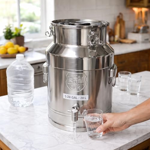 304 Stainless Steel Milk Can with Spigot, 5 Gallon Metal Water Dispenser, 20L Steel Water Tank & Stainless Steel Beverage Dispenser, Heavy Duty Drink Dispensers for Milk, Wine - size: 5 Gallon