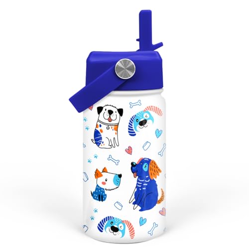 SANDJEST Dog Water Bottle - Kids Water Bottle with Straw Lid - 12 Oz Insulated Stainless Steel Water Bottles for Kid Boys - Travel Cup for School Sports - color: Dog
