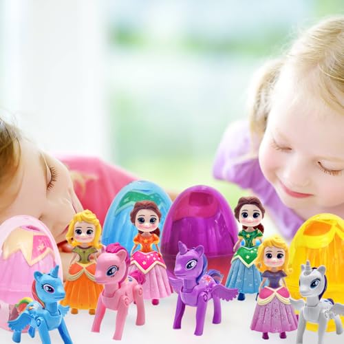 FUNKY WIZARD 8 Pack Easter Jumbo Princess Deformation Prefilled Easter Eggs with Toys, Easter Party Favors Gift for Girls for Kids, Easter Basket Stuffers Fillers, Classroom Prize (Pricess+ Horse) - style: pricess+horse