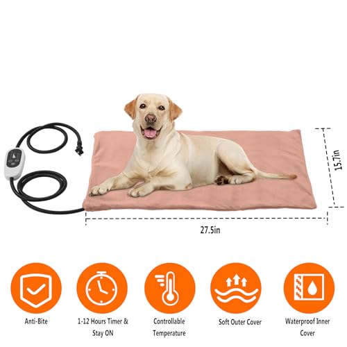 Annchwool Pet Heating Pad for Puppy Cat Dog-6 Adjustable Temperature & 5 Timer-27.5x15.7in Waterproof Cat Dog Heating Pad with Chew-Resistant Cord-Heated Pad for Indoor Pets,Older,Pain Relief(Brown) - size: 27.5in x 15.7in