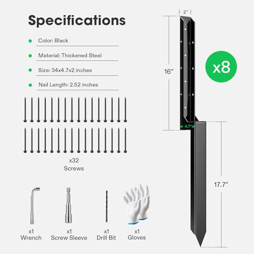 VIVOSUN 8 Pack Fence Post Repair Kit | Heavy-Duty Ground Spike with Gloves for Repairing Tilted or Broken Wood Posts