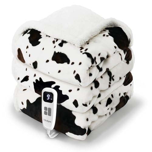 Heated Blanket Full Blanket - Fast Heating Electric Blanket, Soft Heated Throw with 4 Time Settings,10 Heating Settings, Warm Gifts for Women Mom Grandma(72" x 84" Cow Print White) - color: 01 - Black Ombre-white, size: Full 72" x 84"