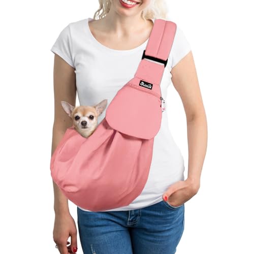 SlowTon Dog Carrier Sling - Thick Padded Shoulder Strap Adjustable, Peach S | Dog Carriers for Small Dogs, Puppy Carrier Purse for Pet Cat with Front Zipper Pocket Safety Belt Machine Washable - color: I-Peach Cotton Fabric
