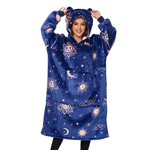 THREE POODLE Wearable Blanket Hoodie, Oversized Sherpa Sweatshirt Blanket for Adults Women Men, Warm Cozy Hooded Blanket, Gifts for Mom Girlfriend - color: Deep Blue Star, size: Adult-Extra Long