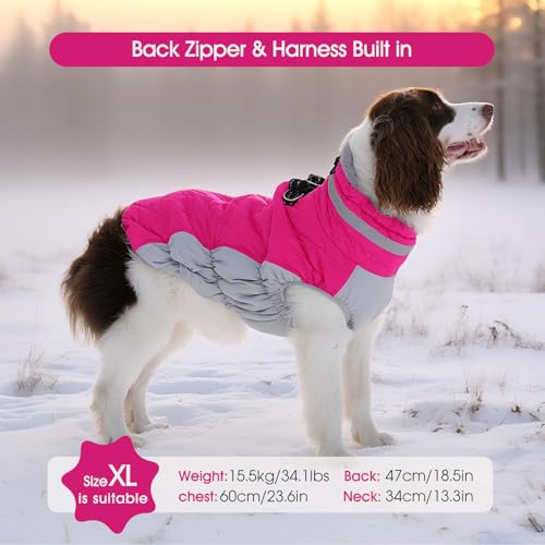 Dog Coat for Large Dogs, Fleece Dog Winter Jacket with Harness | Puppy Cold Weather Coats Reflective Pet Puffer Vest with Zipper Water-Resistant Warm Dogs Snowsuit Windproof Rose Pink XXXL - color: Rose Red, size: XXXL(chest:43in)