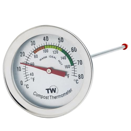Compost Thermometer Stainless Steel Dial - Ideal Composting Soil Thermometer with 50MM Diameter C and F Dial and 295MM Compost Temperature Gauge Probe