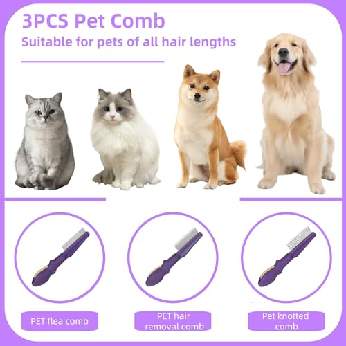 Temapex 3PCS Pet Comb for Grooming Long & Short Haired Cats & Dogs With Stainless Steel Metal Teeth for Removes Tangles & Flea, Non-Slip & Anti-Static Rubber Handle, Safe & Gentle - size: Pet Detangling Comb + Flea Comb + Grooming Comb