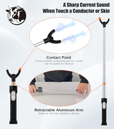 Rechargeable Cattle Prod, Waterproof Electric Livestock Prod with LED Light | Retractable Electric Cattle Prod Stick Livestock for Cows Hogs Sheep Wait Animal Herding Tool for Cattle -37In - color: Black