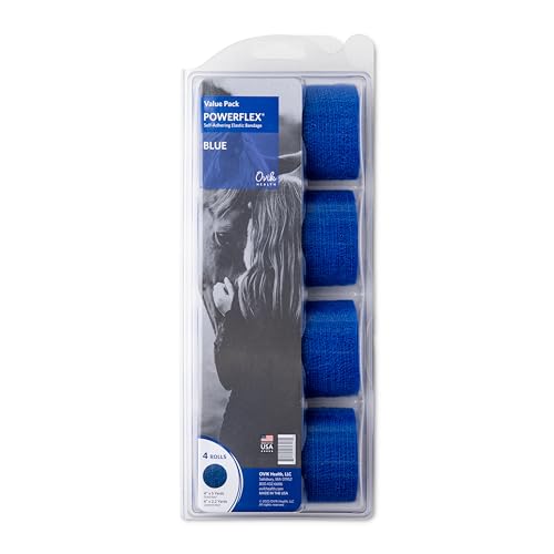 PowerFlex Equine – Extra Strong Self-Adhering Bandage Wrap – Wound Care, Compression & Support Bandage for Horses, Cows & Dogs – Blue, 4 inch, 4 Rolls (Resealable Case) - color: Blue