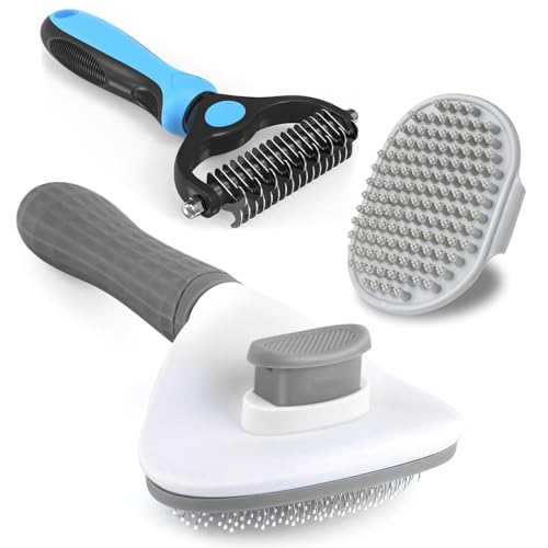 3PCS Dog Grooming Brush - Dog Brush for Shedding Massaging Bathing - Double Sided Shedding, Dematting Undercoat Rake - Self Cleaning Slicker Comb for Dogs and Cats with Long or Short Coats - color: Grey-3Pcs