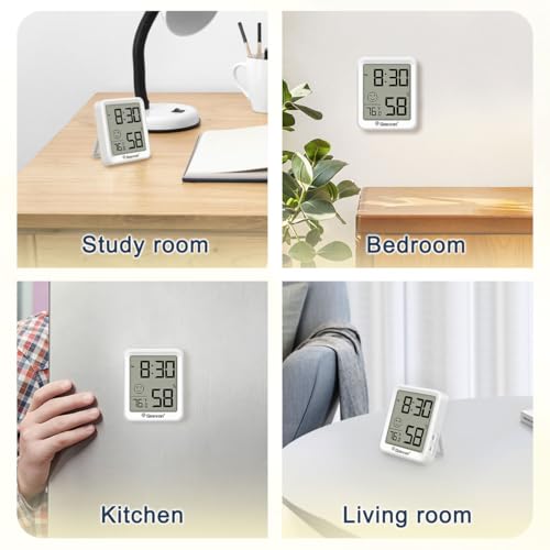 Geevon 4Pack Mini Indoor Thermometer Hygrometer with Comfort Indicator, Room Temperature & Humidity Monitor with Time Display, °C/°F & 12/24H - size: 4 pack, style: 256360