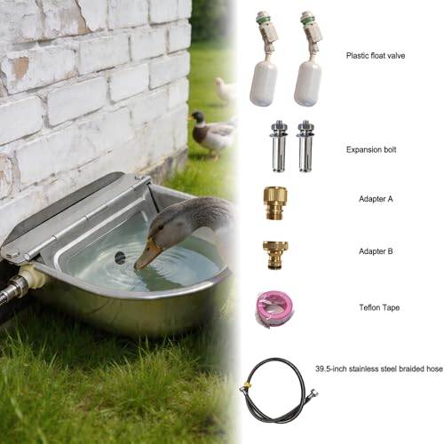 Automatic Water Bowl 304 Stainless Steel Pet Water Dispenser Dog, Feeder Waterer for Large Dogs with 40 Inch Steel Hose, 2 Float Valve, Copper Connector Adapter, 2 Bolts (with Drainage Hole)