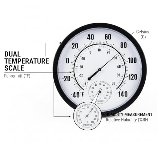 10 Inch Large Indoor Outdoor Thermometer & Hygrometer - Waterproof Analog Wall Thermometer for Patio, Garden, Garage, Greenhouse - Decorative Dial, No Battery Needed, Black