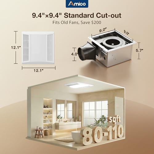 Amico Bathroom Exhaust Fan with LED Light, 110 CFM, 1.0 Sones, 5CCT, 90 CRI | 1000LM, Ceiling Mount Shower Ventilation Fan, No Attic Access Needed, 4 Inch Duct, 9.4'' x 9.4'' Ceiling Opening, ETL & FCC - size: 110 CFM