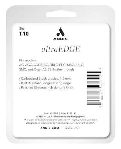 Andis 22305 UltraEdge Detachable Blade, Size T-10, 1/6in Cut | Carbon steel for precision face, feet, ear & sanitary trimming, andis clipper blade - style: T-10 Blade (Pack of 1)