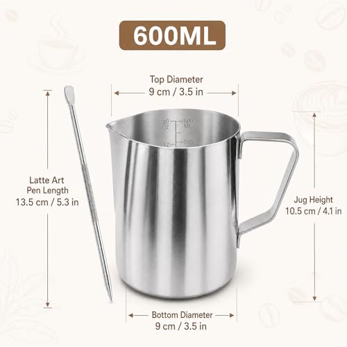 Milk Frothing Pitcher 20oz Standard 304 Stainless Steel Espresso Accessory | Dual inner outer scale marks, fits home barista latte art making & small café coffee milk frothing use - size: 20OZ
