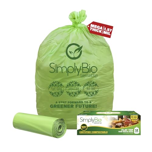 Simply Bio 50-55 Gallon Compostable Trash Bags Liners Flat-Top, Heavy Duty Extra Thick 1.57 Mil, 208.2 Liter, 12 Bags, Lawn, Yard, and Restaurant Use, ASTM D6400, US BPI, OK Compost Home Certified - size: 1 Count (Pack of 12), style: Flat-Top (55 Gal, 1.5