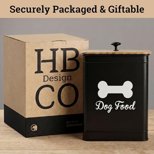 Metal Dog Food Container 5-7lb, 25 Cup w/ Airtight Bamboo Lid, Metal Handle | Pet Jar For Dogs up to 50lbs, Airtight Bamboo Lid, Sturdy Comfortable Metal Handle, Powder Coated Iron, Kibble Storage Bin - color: Black: Bone