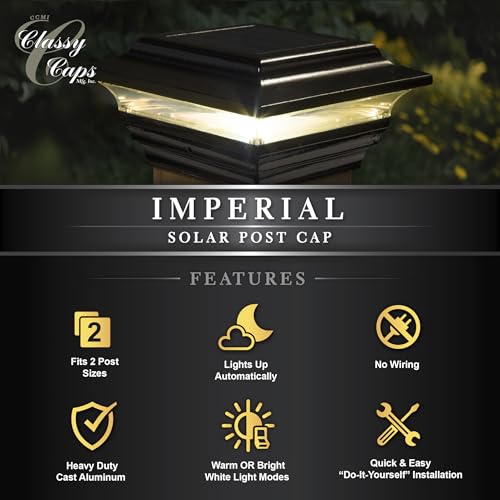 Classy Caps 4x4 Imperial Solar Post Cap - Fits 3.5"x3.5" and 4"x4" Deck & Fence Posts - Black Cast Aluminum - Warm and Cool Light Modes