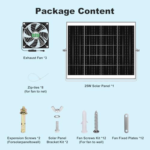 Solar Chicken Coop Fan 3 Kit, 25W Solar Powered Greenhouse Fan Outdoor Waterproof, Solar Exhaust & Intake Fans, Strong Airflow for Shed Dog House Circulation Ventilation Cooling, No Battery - size: 4.7" Fan 3 Kit