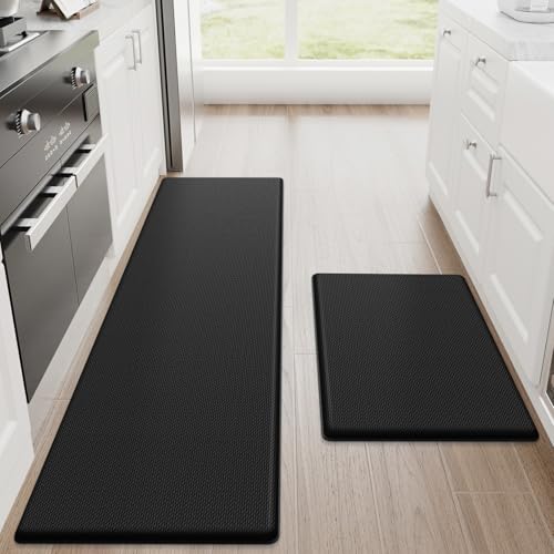 StepRite Kitchen Mats for Floor, 2-Piece Anti-Fatigue Kitchen Rugs, Black | 17.3" x 30" + 17.3" x 59", 0.47-inch cushioning, water-resistant, easy to clean, non-slip bottom, kitchen floor,standing desk - color: Black, size: 17.3" x 30"+17.3" x 59"-0.47 in