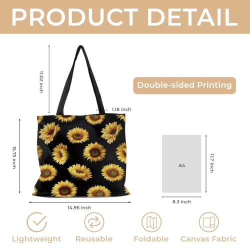 Cute Canvas Tote Bag for Women, Book Totebag with Zipper Pocket - color: Sunflower
