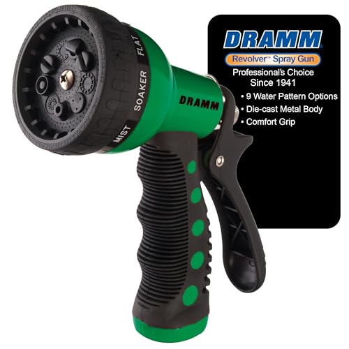 Dramm Revolver Heavy Duty Metal Garden Hose Nozzle – 9 Spray Patterns, High Pressure Jet, Thumb-Control Flow, Ergonomic Grip – Green - color: Green, size: No Size (Single), style: 9-Pattern Revolver