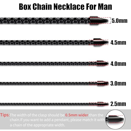 Fiusem Box Chain for Men and Women, Stainless Steel Necklace Chain | Silver Tone/14K Gold Plated/Black Mens Necklace, Width 2/2.5/3/4/5mm, Length 18-28 Inches - size: 18 Inches, style: Black 2.5MM