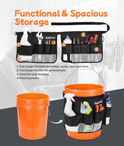 Bucket Tool Organizer, 5 Gallon Garden Bucket Tool Bag with Mesh Pocket | Waterproof Bucket Storage Caddy, Versatile for Car Wash Suppliers, Gardening Tools, Fishing Gear, Fit 3.5 to 5 Gallon Buckets