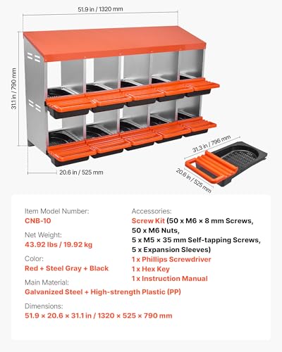 VEVOR 2 Tiers Chicken Nesting Boxes, 10 Compartments, Metal Egg Laying Boxes with Protective Collection Lids, Roll Out Nesting Box, Easy to Assemble, Ideal for Hens, Ducks, Chickens, and Other Poultry