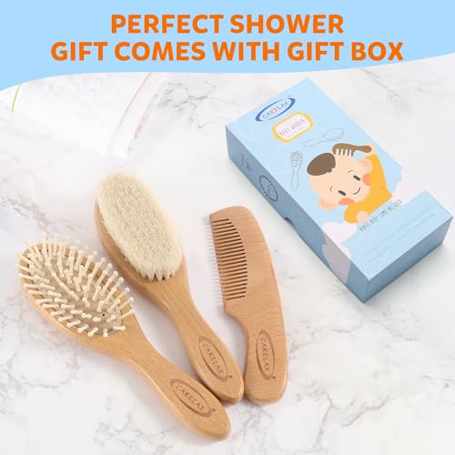 Baby Hair Brush & Comb Set, Organic Wooden Hairbrush Natural Goat Bristles for Newborns & Toddlers, Ideal for Cradle Cap & Itching, Perfect Shower and Registry Gift for Infant, Toddler (3 Piece Set) - size: 3 Piece Set